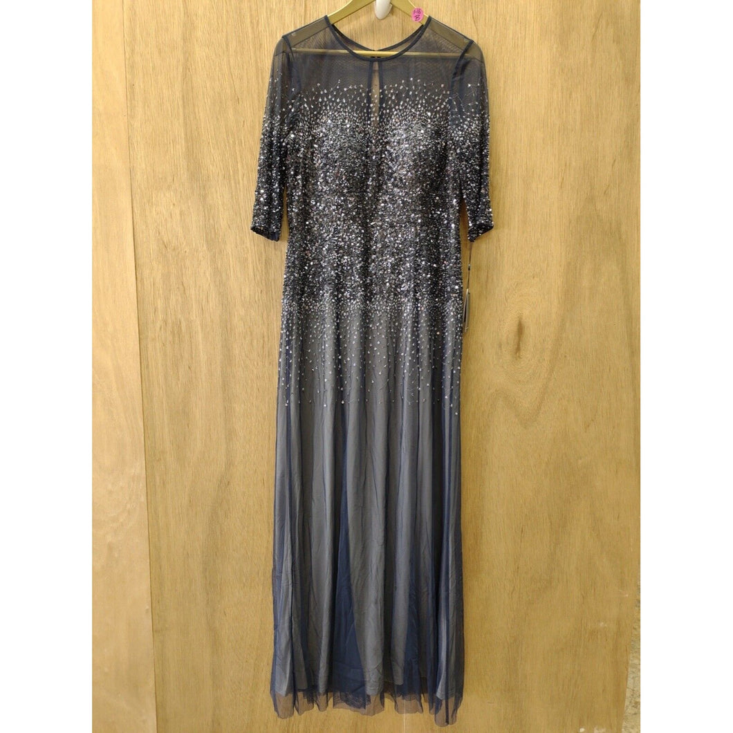 Adrianna Papell Beaded Illusion Gown- Navy- Size 14- NWT