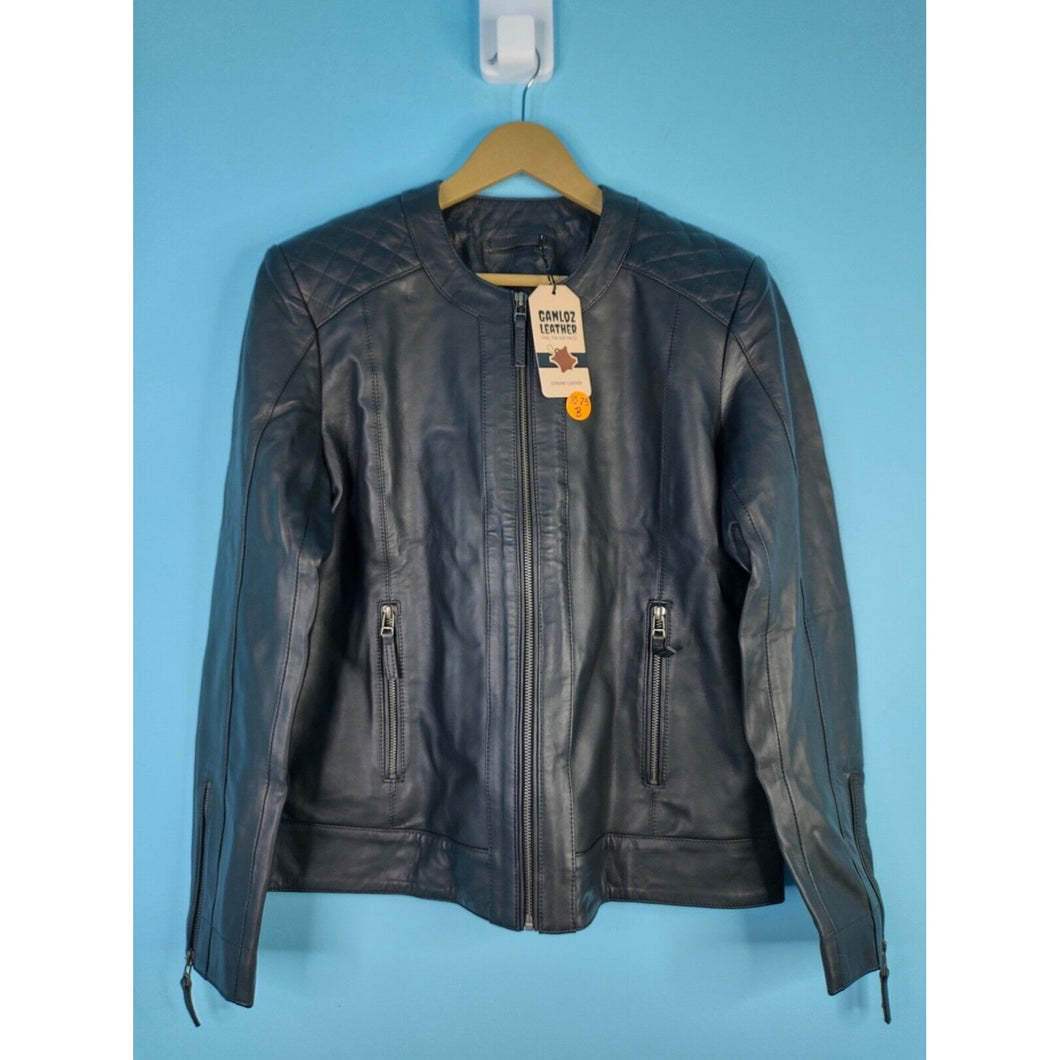 Mens Ganloz Black Leather Jacket Round Collar- Size L- NWT